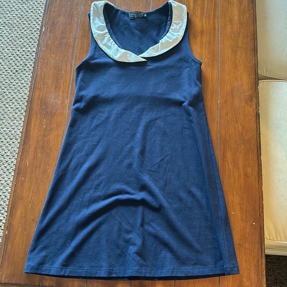 Duffield Lane Navy Cotton‎ Sleeveless Ruffle Neck Cotton Dress